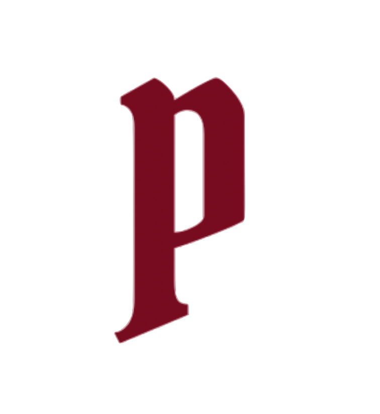 Pixi Cosmetic Studio logo mark — a deep burgundy serif P