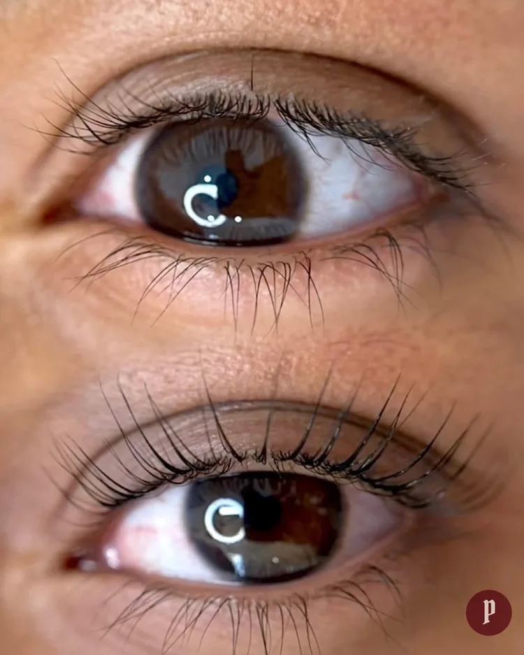 Lash lift result — before and after, two stacked eyes showing lifted lashes